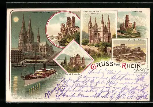 Lithographie Cöln a. Rh., Dom, Drachenfels, Abtei Laach, Apollinariskirche Remagen, Godesberg, Ehrenbreitstein