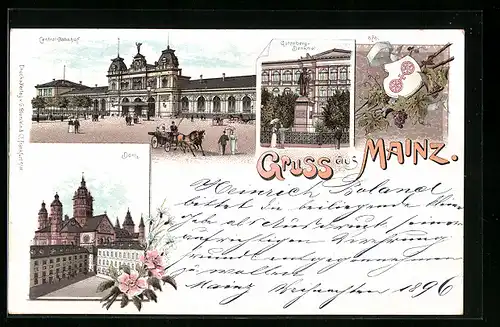 Lithographie Mainz, Central-Bahnhof, Dom, Gutenberg-Denkmal