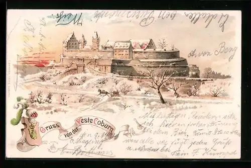 Winter-Lithographie Coburg, Veste mit Pferdeschlitten