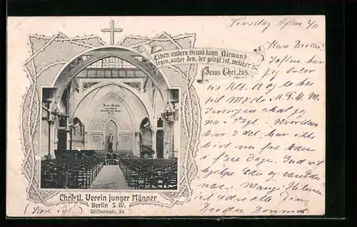 Passepartout-AK Berlin, CVJM Wilhelmstrasse 34, Innenansicht Saal, Kreuz mit Dornen