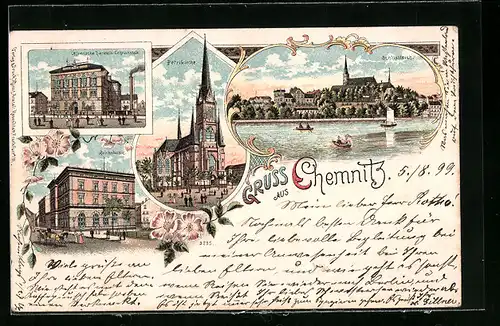 Lithographie Chemnitz, Handels-Lehranstalt, Reichsbank, Ortspanorama