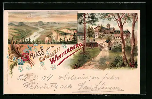 Lithographie Bad Schandau, Hotel Grosser Winterberg, Elbpartie aus der Vogelschau