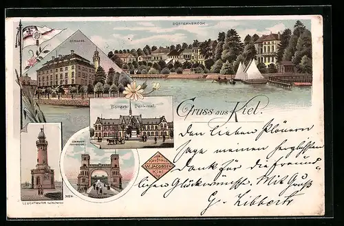 Lithographie Kiel, Düsternbrook, Schloss, Leuchthurm