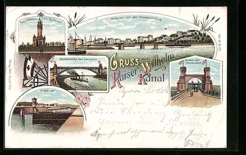 Lithographie Holtenau, Kaiser-Wilhelm-Kanal, Kanalmündung, Leuchtturm, Facade der Hochbrücke