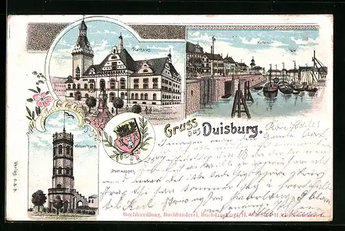 Lithographie Duisburg, Rathaus, Hafen, Wasserturm, Stadtwappen