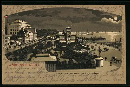 Lithographie Kiel, Königl. Schloss, Seegarten und Kriegshafen