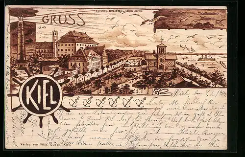 Holzbrand-Imitations-AK Kiel, Schloss mit Seegarten und Kriegshafen