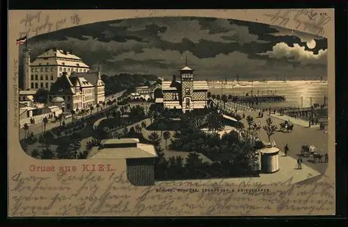 Lithographie Kiel, Königl. Schloss, Seegarten und Kriegshafen