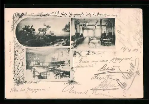 AK Kiel, Café Monopol, Innenansichten, Hirsche und Rehe