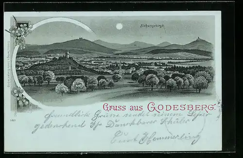 Lithographie Godesberg, Stadtansicht gegen das Siebengebirge