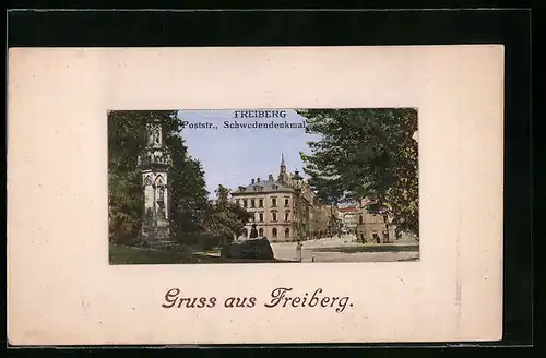 AK Freiberg, Poststrasse mit Schwedendenkmal