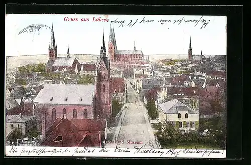 AK Lübeck, Blick vom Dom und Museum mit Strassenpartie