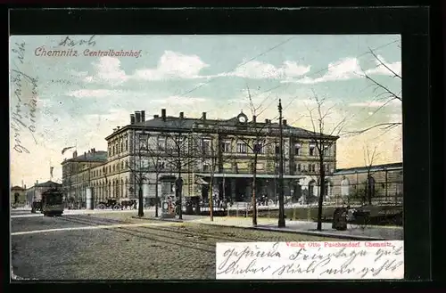 AK Chemnitz, Centralbahnhof mit Strassenbahn