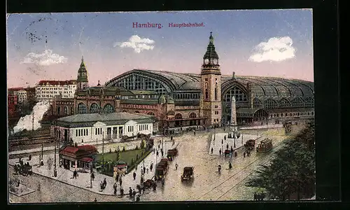 AK Hamburg-St.Georg, Strassenbahn vor dem Hauptbahnhof, Pferdekutsche