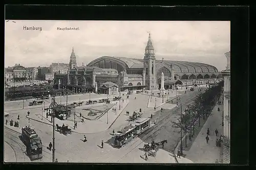 AK Hamburg-St.Georg, Hauptbahnhof aus der Vogelschau, Strassenbahnen