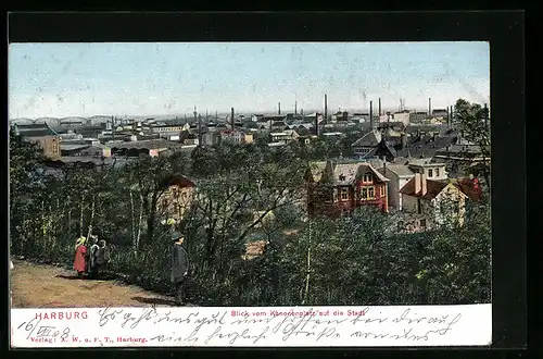 Künstler-AK Hamburg-Harburg, Kinder blicken vom Kanonenplatz auf die Stadt