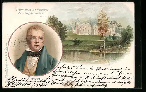 Lithographie Zitat des schottischen Schriftstellers Sir Walter Scott und Schloss