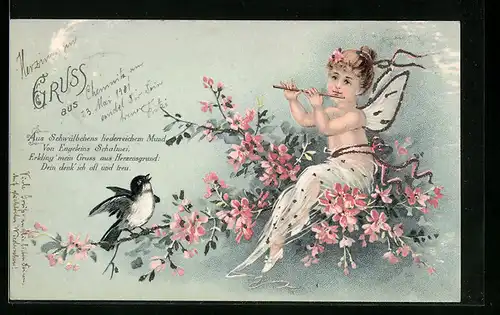 Glitzer-AK Aus Schwälbchens liederreichem Mund, Von Engeleins Schalmei...