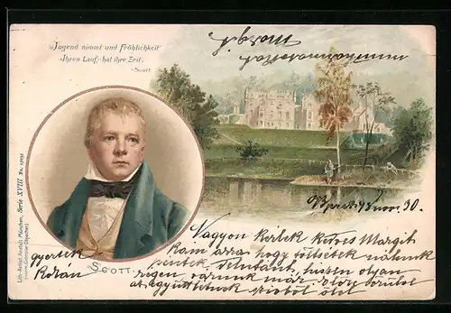 Lithographie Zitat des schottischen Schriftstellers Sir Walter Scott und Schloss