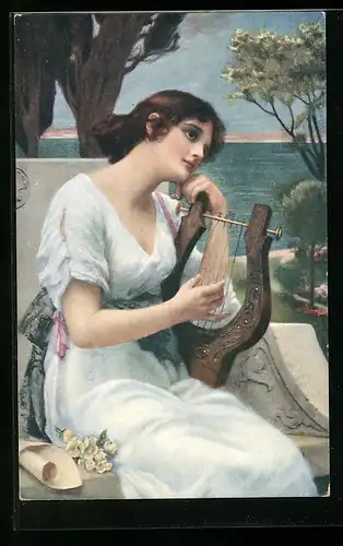 AK Junge Frau im weissen Kleid spielt Lyra