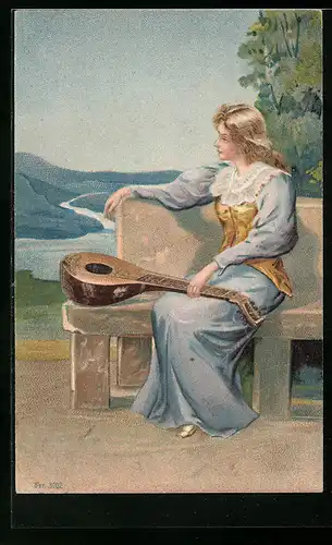 Präge-AK Junge Dame im Kleid mit Lautengitarre