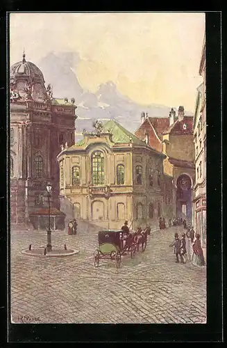 Künstler-AK Rudolf Preuss: Wien, Altes Burgtheater mit Kutsche