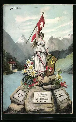 AK Zürich, Eidg. Schützenfest 1907, Helvetia mit Fahne und Wappen vor Bergkulisse