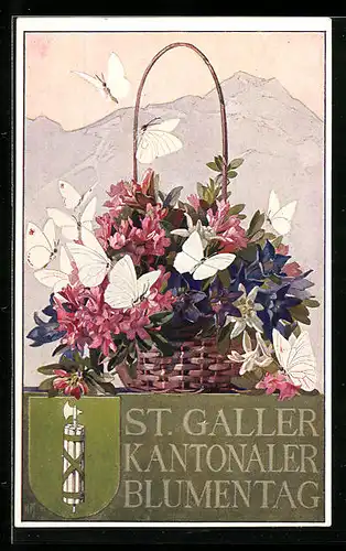Künstler-AK St. Gallen, Kantonaler Blumentag, Blumen im Korb mit Schmetterlingen