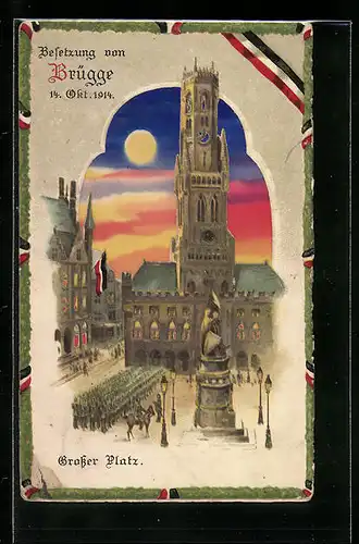 Lithographie Brügge, Grosser Platz während der Besetzung