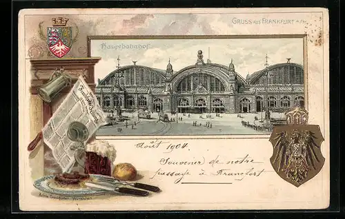 Passepartout-Lithographie Frankfurt a. M., Hauptbahnhof, Stilleben mit Frankfurter Zeitung und Würstchen, Wappen