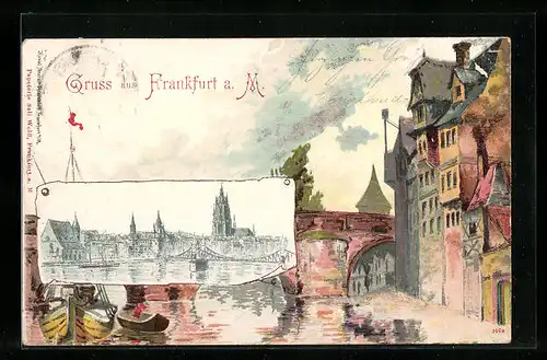 Künstler-AK Frankfurt a. M., Blick auf die Uferpromenade mit Brücke