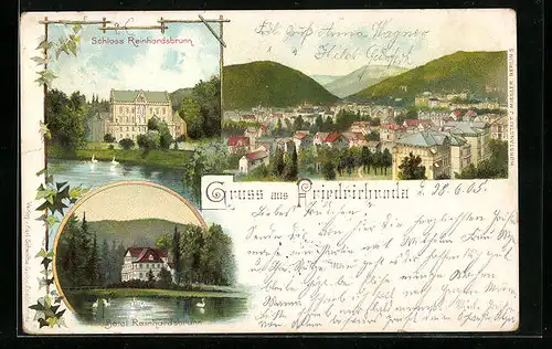 Lithographie Friedrichroda, Hotel & Schloss Reinhardsbrunn, Ortspanorama