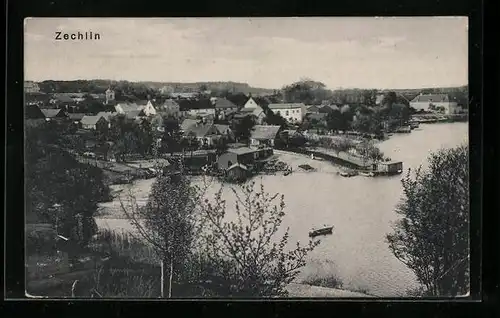 AK Zechlin, Ortsansicht mit See aus der Vogelschau