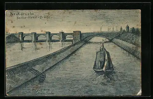 Künstler-AK Neckarsulm, Neckar-Kanal-Brücke mit Frachter