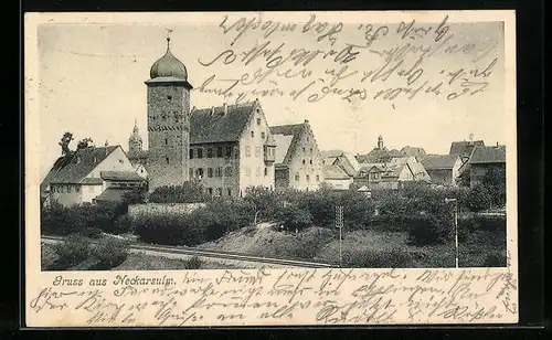 AK Neckarsulm, Blick auf die Altstadt mit Bahnlinie