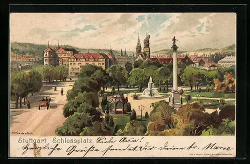 Lithographie Stuttgart, Blick zum Schlossplatz