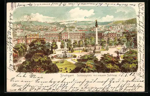 Lithographie Stuttgart, Schlossplatz mit neuem Schloss