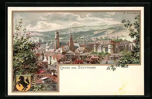 Lithographie Stuttgart, Stadtblick über die Dächer & Wappen