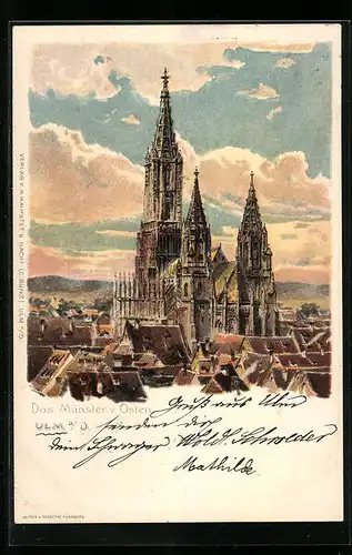 Lithographie Ulm a. D., Das Münster von Osten