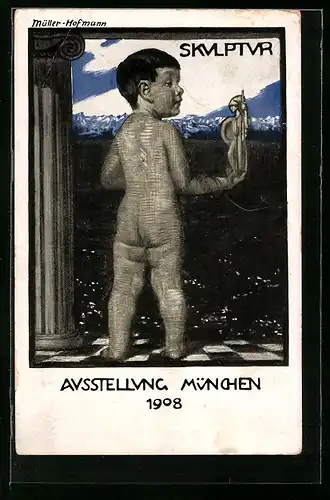 Künstler-AK sign. Müller-Hofmann: München, Ausstellung 1908, Bub mit Bavaria neben Stele