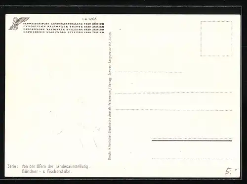 Künstler-AK Zürich, Schweizerische Landesausstellung 1939, Bündner- und Fischstube