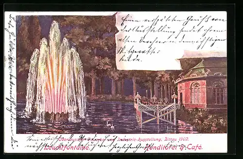Künstler-AK Zittau, Oberlausitzer Gewerbe- und Industrie-Ausstellung 1902, Konditorei und Leuchtfontäne