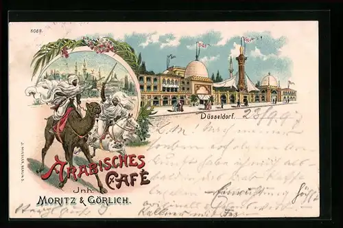 Lithographie Düsseldorf, Arabisches Cafe, Araber auf Pferd und Kamel