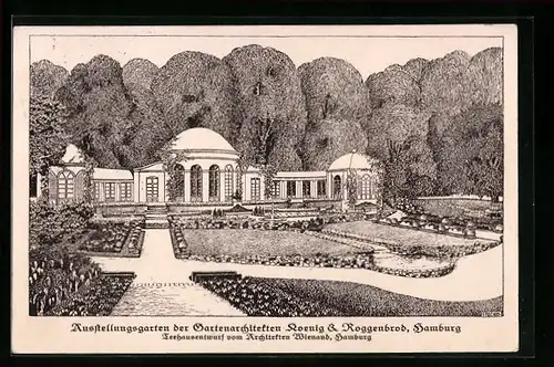 Künstler-AK Hamburg-Altona, Ausstellungsgarten der Gartenarchitekten Koenig & Roggenbrod, Teehausentwurf von Wienand
