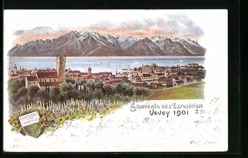 Lithographie Vevey, Exposition 1901, Ortsansicht