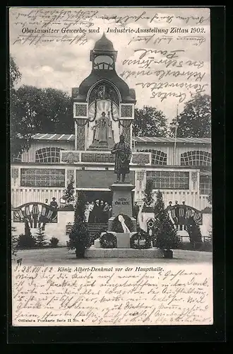 AK Zittau, Oberlausitzer Gewerbe-u. Industrie-Ausstellung 1902, König Alber-Denkmal vor der Haupthalle