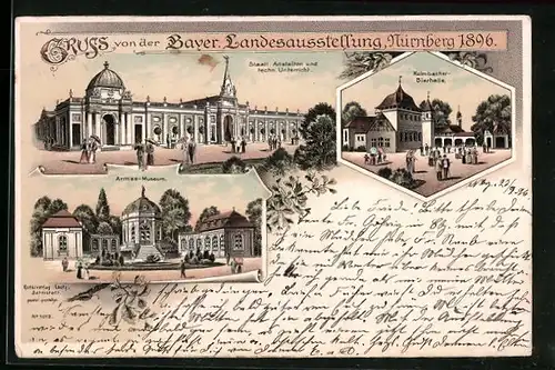 Lithographie Nürnberg, Bayerische Landes-Ausstellung 1896, Kulmbacher Bierhalle, Armee-Museum