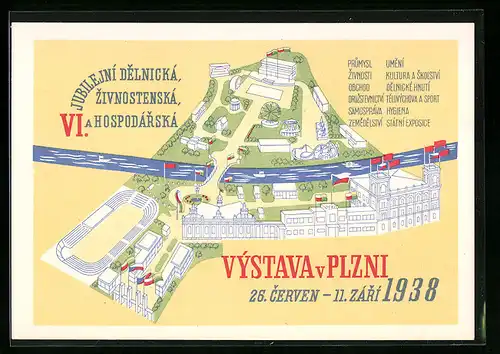 AK Plzen, Vystava 1938, VI. Jubilejni Delnicka, Zivnostenska a Hospodarska, Ausstellungsgelände aus der Vogelschau
