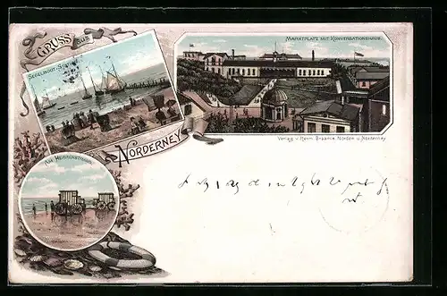 Lithographie Norderney, Marktplatz mit Konversationshaus, Segelboot-Station, Herrenstrand