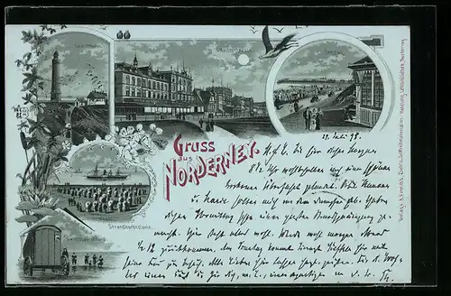 Mondschein-Lithographie Norderney, Leuchtturm, Kaiserstrasse, Seesteg, Strandkorbkolonie